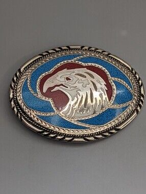Vintage SSI Turquoise Coral Inlay Eagle Belt Buckle Nickel Silver 1988